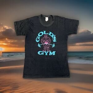 Vintage 80’s Gold's Gym Single Stitch T Shirt Medium Black Teal Rare Miami Vice